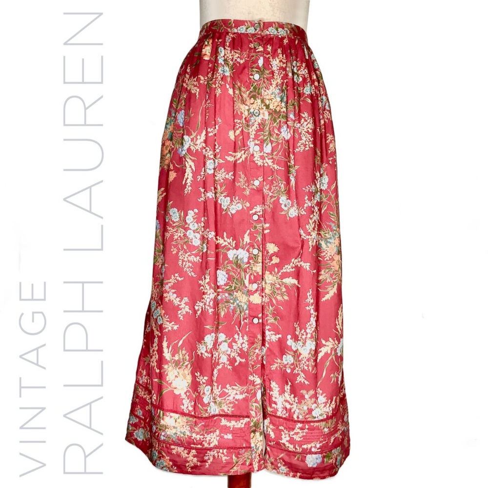 1980s Vintage Ralph Lauren Pearl Snap Red Floral Prairie Skirt – Size 2P